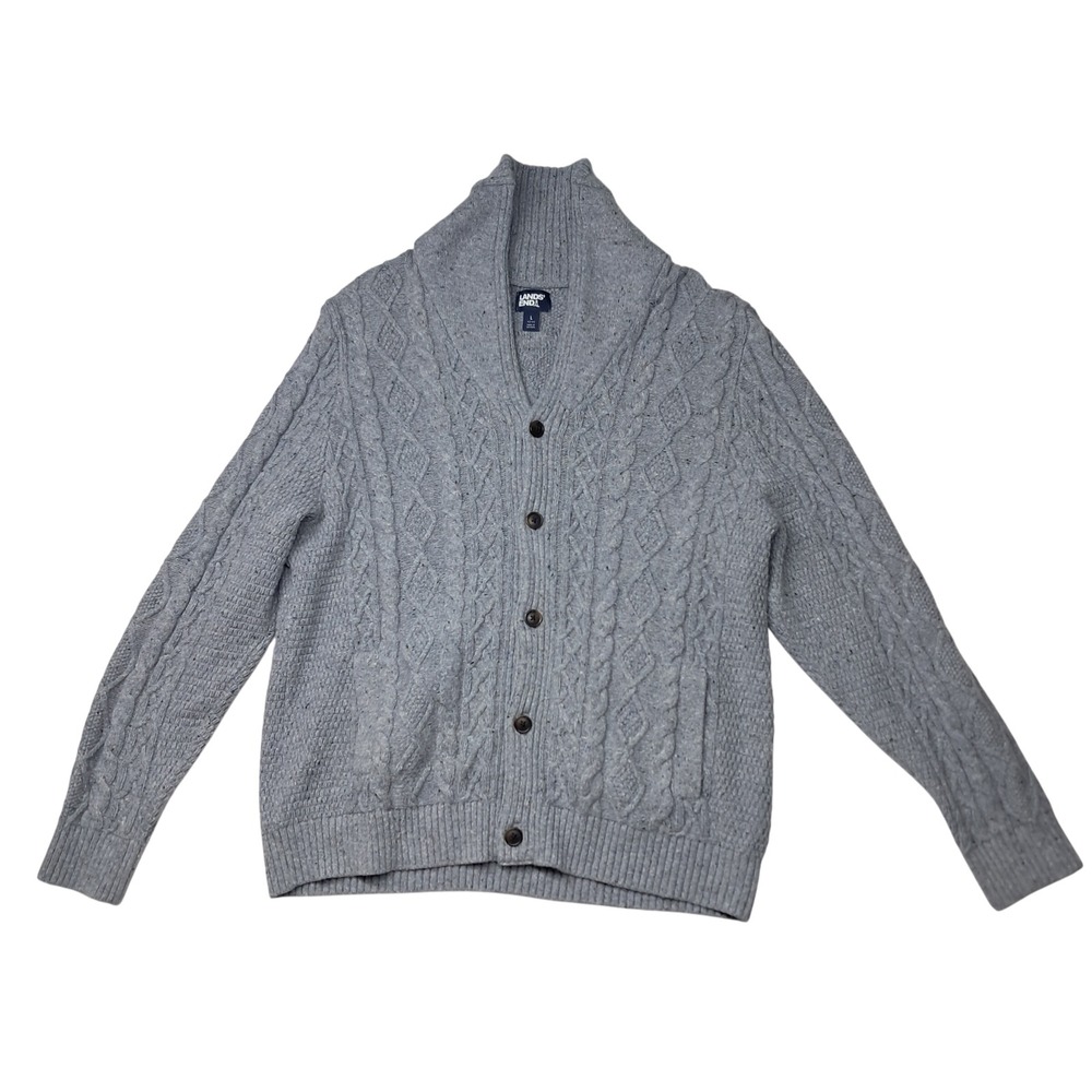 Lands' End Sweater Cardigan Men's Large Gray Cable Knit Grandpa Shawl Fisherman‎
